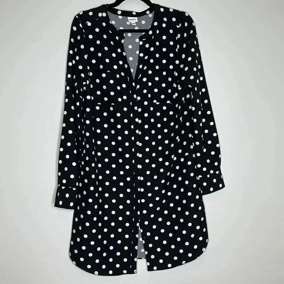 MERONA BLACK AND WHITE POLKA DOT SHIRT DRESS SIZE MEDIUM BUTTON DOWN LONG SLEEVE - Picture 1 of 10